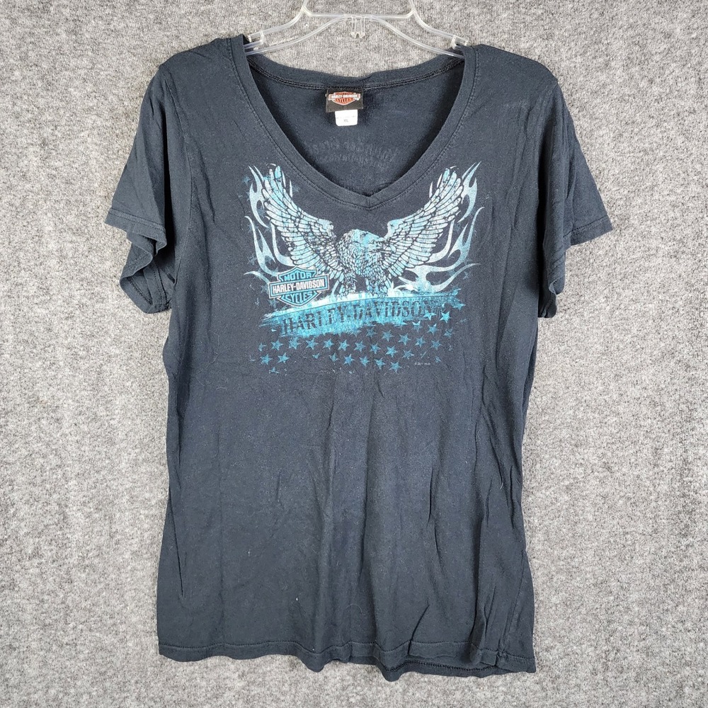 Harley-Davidson T-Shirt Women XL Eagle Stars Black V-Neck Short Sleeve EUC